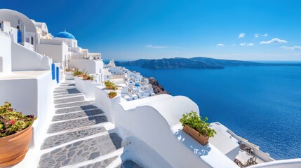 The panoramic view of Santorini white washed buildings overlooking the deep blue Aegean Sea, Greece