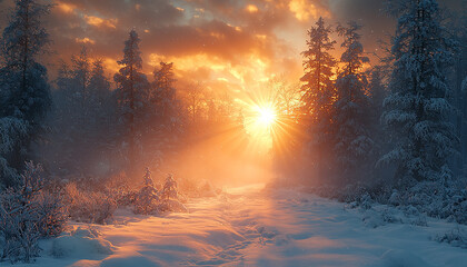 Wall Mural - Sunset over snowy forest, winter landscape beauty dawn generated by AI