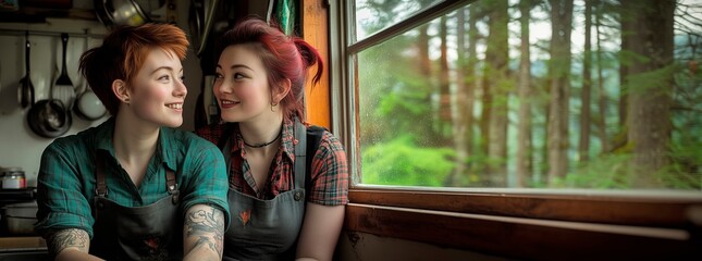 Female couple sharing a joyful moment by a window in a cozy cabin, copy space for text