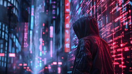 hacker manipulating holographic data in neon lit city landscape