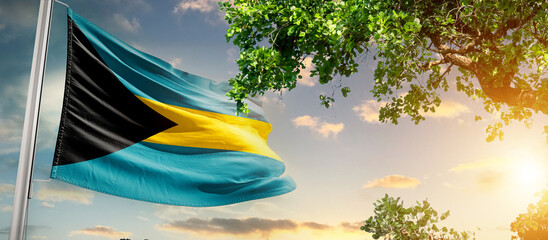 The Bahamas national flag waving in the sky behind the tree. The flag blow in beautiful sunlight. The Bahamas national flag for independence day.