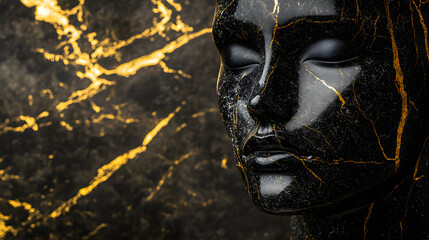 Black marble sculpture woman face with gold craquelure, modern art