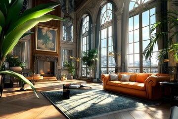 Canvas Print - Luxury Living Room with Large Windows and a View.