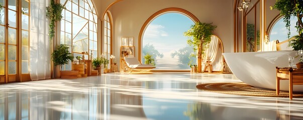 Canvas Print - Luxurious Bathroom with Golden Arch Windows and White Bathtub.