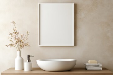 Wall Mural - Minimalist Frame Mockup in Modern Bathroom with Textured Wall and Sleek Vanity