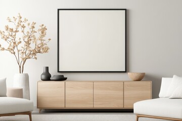 Wall Mural - Modern Living Room with Frame Mockup on Concrete Wall above Sleek TV Unit.