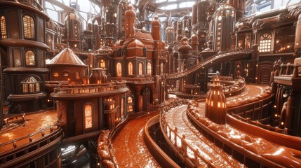 Wall Mural - a digital rendering depicting a miniature chocolate city with winding chocolate pathways and etherea