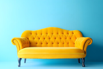 Yellow sofa, isolated on blue background