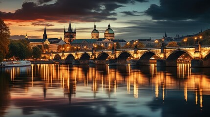 Poster - Classic view of Prague at Twilight, panorama of Bridges  