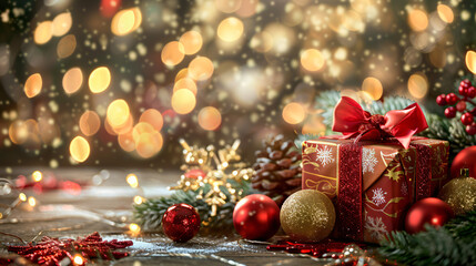 Aufkleber - Beautifully wrapped christmas gift surrounded by festive decorations on a wooden table, with sparkling bokeh lights in the background. Enjoy the cozy holiday magic in this charming image