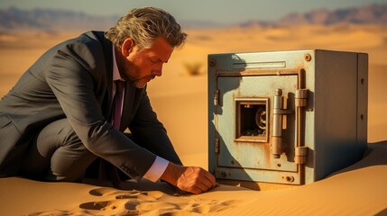 classic vintage businessman struggling with vintage bank safe on sand and strom background, 