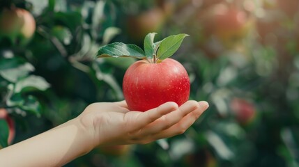 Hand picking a fresh apple from tree in plantation farm orchard