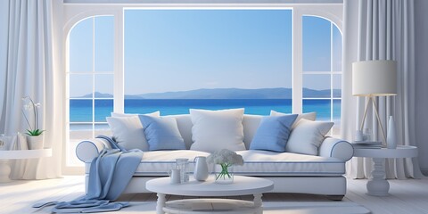 Wall Mural - Stylish room with ocean view, blue tones, white furnishings, and a cozy sofa, 3D render.