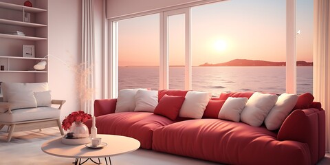 Wall Mural - Stylish room with ocean view, red tones, white furnishings, and a cozy sofa, 3D render.