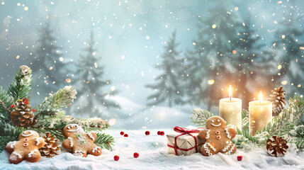 Aufkleber - Christmas still life with burning candles, gingerbread cookies, gift and fir tree branches over snow