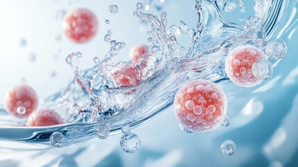 Wall Mural - abstract pink spheres floating in water with bubbles and splashes, representing a concept of life an