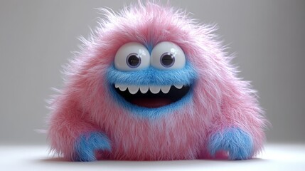 3D rendering of a pink and blue Yeti cartoon character, a hairy Halloween monster with a furry, funny, and playful design, isolated on a white background.