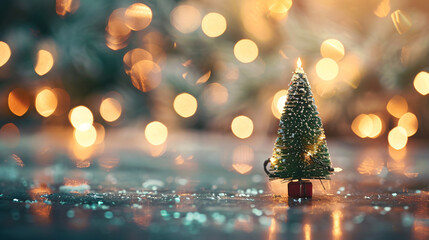 Wall Mural - Small christmas tree stands on a glossy surface with glistening snow and golden bokeh lights in the distance