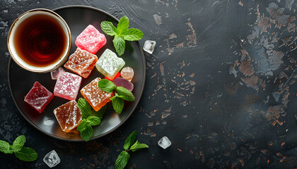 Bowl with various pieces of turkish delight lokum and black tea with mint on a dark background