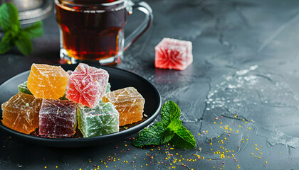 Bowl with various pieces of turkish delight lokum and black tea with mint on a dark background