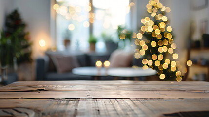 Aufkleber - Cozy christmas living room background with illuminated christmas tree and candles on an empty wooden table