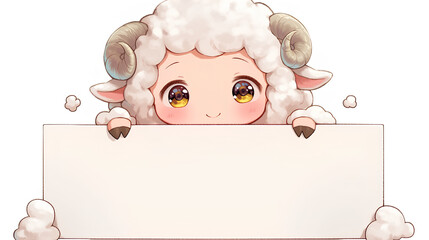 Wall Mural - cute sheep holding up a blank sign, colorful cartoon character, empty banner,, anime style, cute kawaii, simple, smiling happy. isolated background