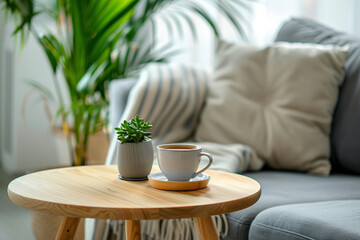 Living room with wooden table with potted plant and cup of freshly brewed coffee