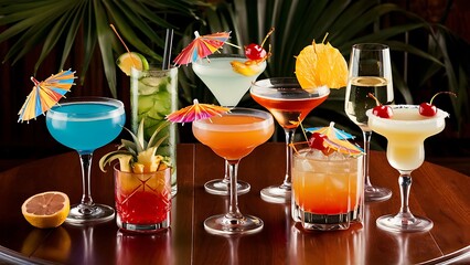 Alcoholic Cocktails. Many drinks beverages Blue lagoon, mojito; tropical Martini, tequila sunrise, margarita, champagne and cognac glass, cocktail umbrella, ch