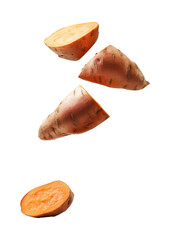 Slices of fresh sweet potato floating in mid-air on a white background, transparent