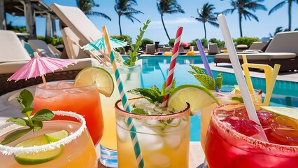 Close-up view of summer cocktails with straws at poolside