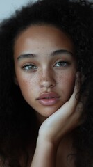 A biracial woman showcases natural beauty while resting her chin on her hand in soft indoor lighting