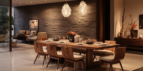 Wall Mural - A stylish dining area in Chandigarh with a wooden table, designer chairs, and ambient lighting.