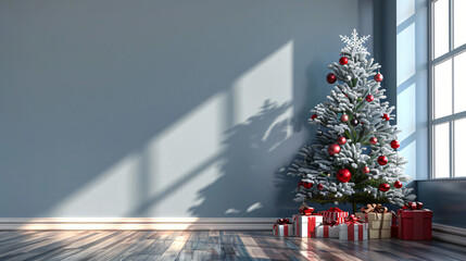 Aufkleber - Sunlit room with a christmas tree adorned with red and silver ornaments by the window
