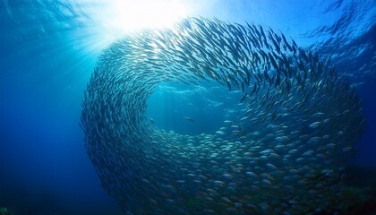 Wall Mural - an enchanting vortex of fish swimming in a mesmerizing spiral illuminated by beams of sunlight filtering through the water