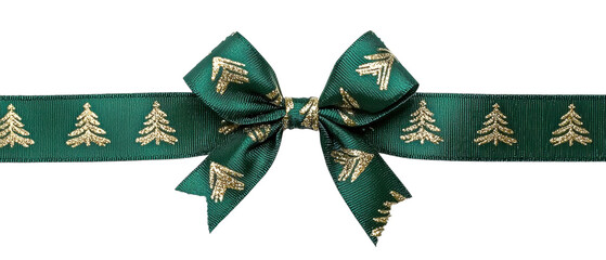 Elegant green Christmas ribbon with gold tree designs, perfect for holiday gift wrapping and festive decorations.