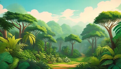 Wall Mural - jungle with trees scene in a cartoon theme generat ai