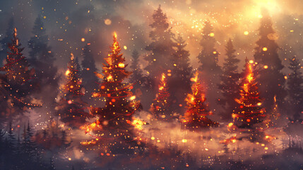 Poster - Mesmerizing winter wonderland with illuminated christmas trees in a snowy forest at night