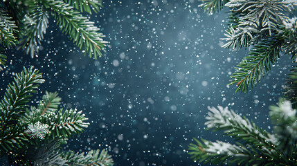 Aufkleber - Magical winter wonderland: snow gently falling on lush pine tree branches, ideal for holiday card greetings
