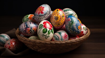 Colorful easter basket filled with vibrant decorated eggs on rustic wooden surface, perfect for spring holiday celebrations and festive decor, featuring traditional and creative designs for easter fes