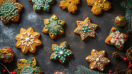 Gingerbread cookies with intricate icing designs creating a festive backdrop