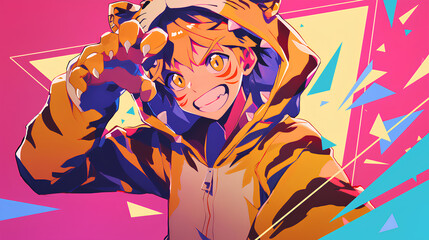 cute tiger character wearing anime onesie costume, anime style, cute kawaii, simple, smiling happy. neon psychedelic background