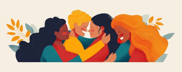 Human Solidarity banner of happy friend group hug, Generative AI