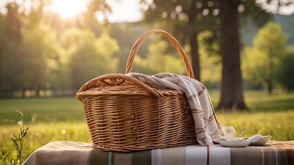 picnic basket with tablecloth on grass meadow landscape background