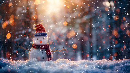 Poster - Snowman with red hat and scarf standing in snowy forest with sunlight shining through trees