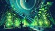 © Anastasia - An astronaut stands inside a large, dome-shaped greenhouse with an intricate glass ceiling, observing vibrant, glowing plants that emit a neon light. The scene combines elements of science fiction and