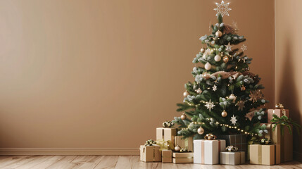 Aufkleber - Golden baubles and fairy lights adorn a christmas tree in an empty room with a wooden floor