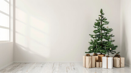 Aufkleber - Festive christmas tree adorned with ornaments and candles in a well-lit room with gifts nestled below