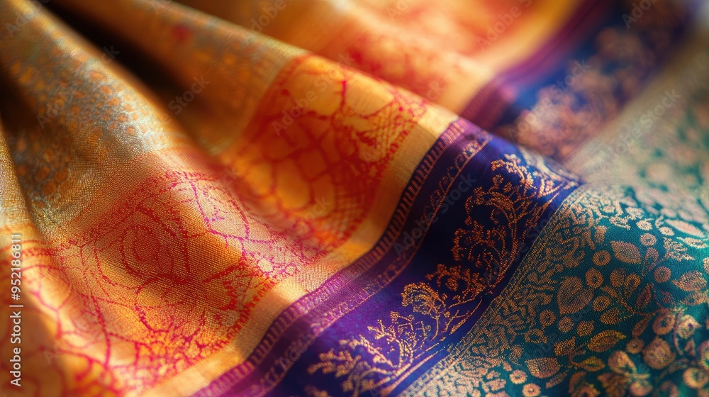 The elegance of an Indian sari is captured in detail, with its rich ...