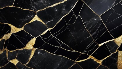 Wall Mural - generative ai illustration of black marble texture background with cracked gold details