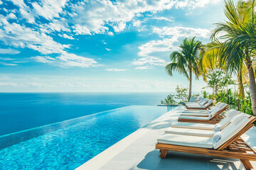 Wall Mural - Exotic resort vacation in a villa with sun loungers and pool and sea view